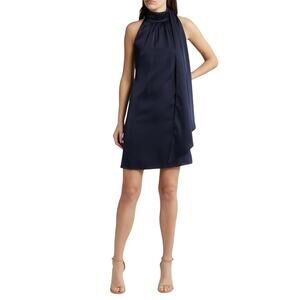 Vince Camuto Satin Mock Neck Draped Mini Shift Cocktail Dress Navy Blue Size 4